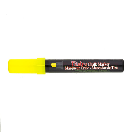 Bistro chalk fluorescent yellow chisel tip marker with cap on.