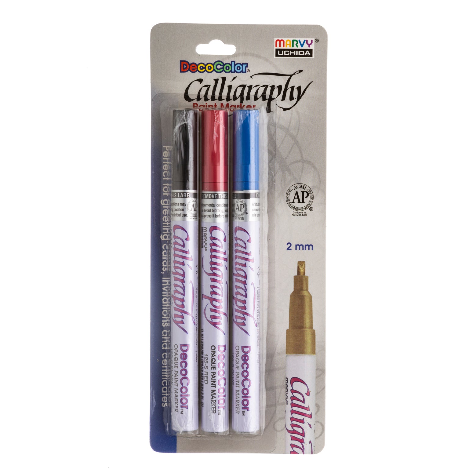 thumbnail image 2 of Uchida Calligraphy Paint Marker Set - Gold, Silver, White 3-Pack With 2mm Nib 2 of 12