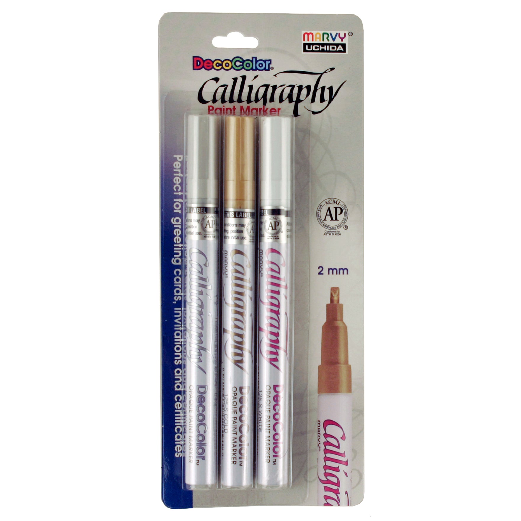 thumbnail image 2 of Uchida Calligraphy Paint Marker Set - Gold, Silver, White 3-Pack With 2mm Nib 2 of 12